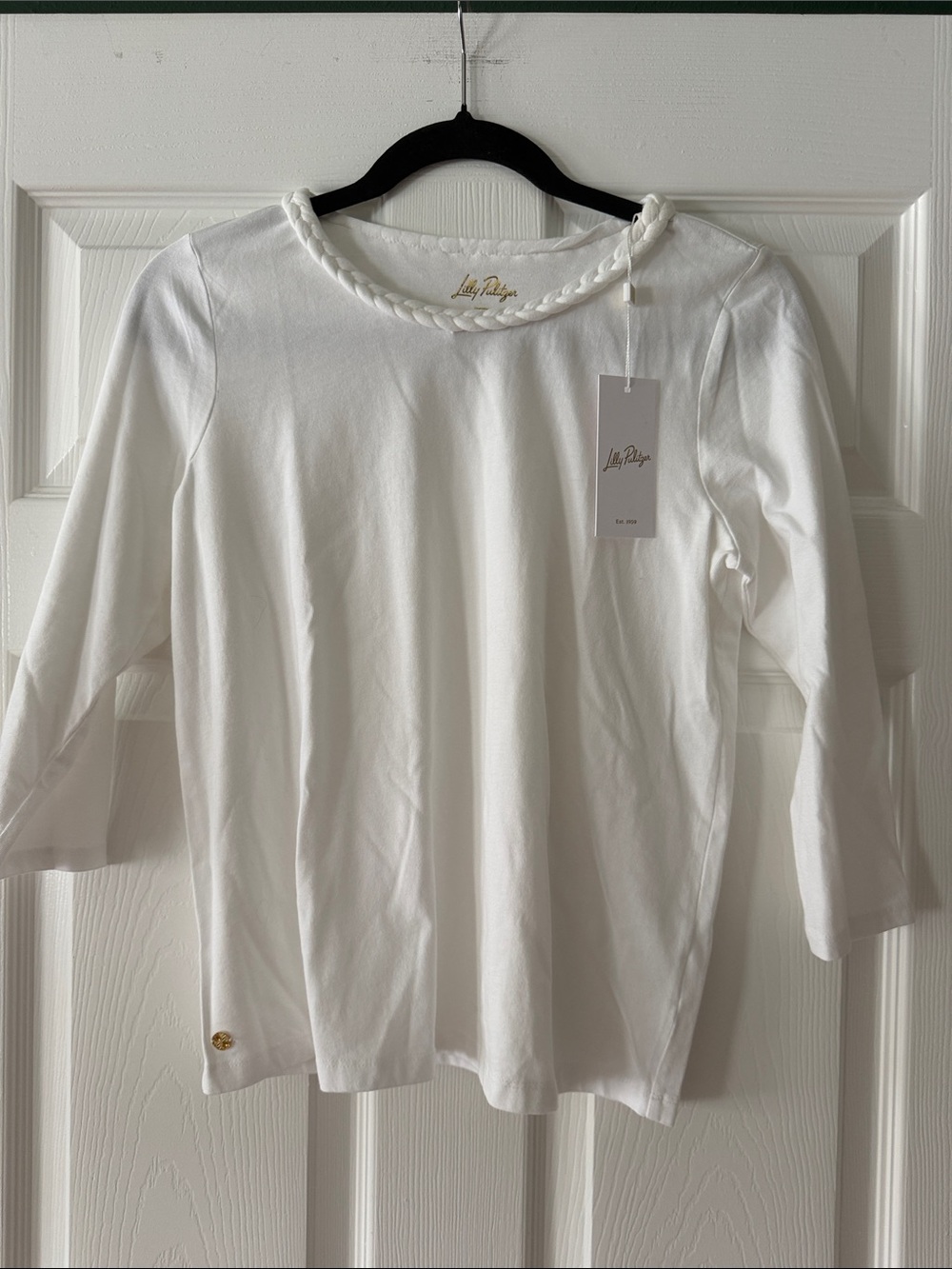 Lilly Pulitzer White Braided-Neck 3/4 Sleeve Top - Classic Cotton